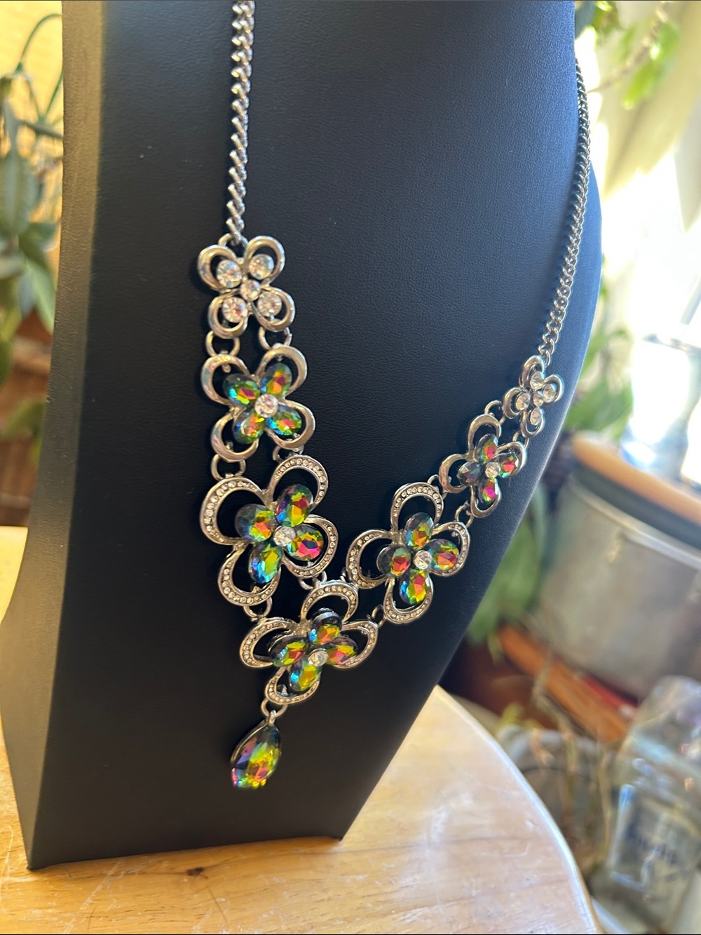 Multicolor Iridescent Glass Flower Statement Necklace - Picture 4 of 8